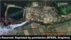 Пожежі у лісосмугах біля Запорізької атомної електростанції (ЗАЕС), м. Енергодар, 24 серпня 2022 року. Супутниковий знімок Planet Labs Schemes