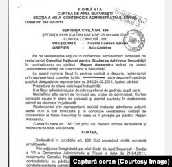 Sentința Curții de Apel București nr. 499/2012 prin care actorul Alexandru Repan este declarat „colaborator al Securității”.