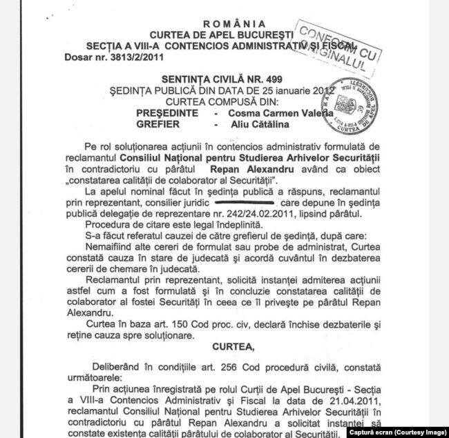 Sentința Curții de Apel București nr. 499/2012 prin care actorul Alexandru Repan este declarat „colaborator al Securității”.
