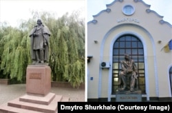 Пам’ятники Миколі Гоголю в Миргороді: в центрі міста (ліворуч), біля вокзалу (праворуч)