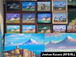 Paintings depicting Mt. Ararat on sale at the Vernissage market in central Yerevan.