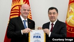 FIFA President Gianni Infantino and Kyrgyz President Kyrgyz President Sadyr Japarov in Bishkek on May 5. 