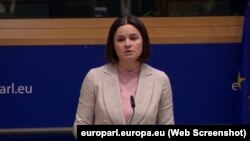 Сьвятлана Ціханоўская падчас выступу на саміце ў Брусэлі, Бэльгія. 7 чэрвеня 2023 