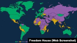 Карта Freedom House по статусу свободы в странах мира. Казахстан находится в списке несвободных стран. Они на карте отмечены фиолетовым цветом 