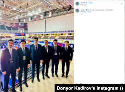 A now-deleted image from the Instagram account of Ultimo Group network associate Doniyor Kadirov (left) together with Uzbek President Shavkat Mirziyoev's son-in-law, Otabek Umarov (third left), and Uzbek Judo Federation head Azizjon Kamilov (second right).