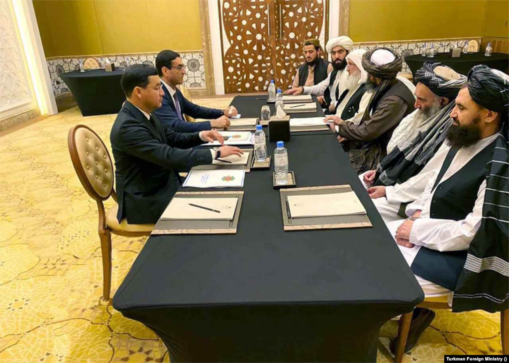 A delegation led by Turkmen Deputy Foreign Minister Vepa Hajiyev (upper left) taking part in the intra-Afghan peace talks November 2, 2020, in Doha, Qatar.