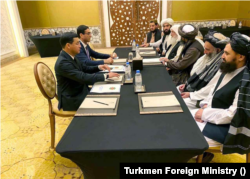 A delegation led by Turkmen Deputy Foreign Minister Vepa Hajiyev (upper left) taking part in the intra-Afghan peace talks November 2, 2020, in Doha, Qatar.