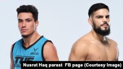 نصرت حق پرست ( راست) و حریف امریکایی وی که قرار است هفته آینده با هم مسابقه بدهند 