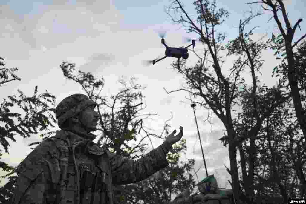 A Ukrainian soldier launches a drone from a position in the Donetsk region on September 4. A spokesman for Ukraine&#39;s 46th Air Assault Brigade&nbsp;told the BBC&nbsp;on September 2 that &quot;no one has yet managed to go beyond the first line&quot; of the Russian defense. &nbsp;