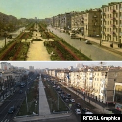 În imagine bulevardul Grigore Vieru în perioada sovietică (sus) și în prezent (jos).