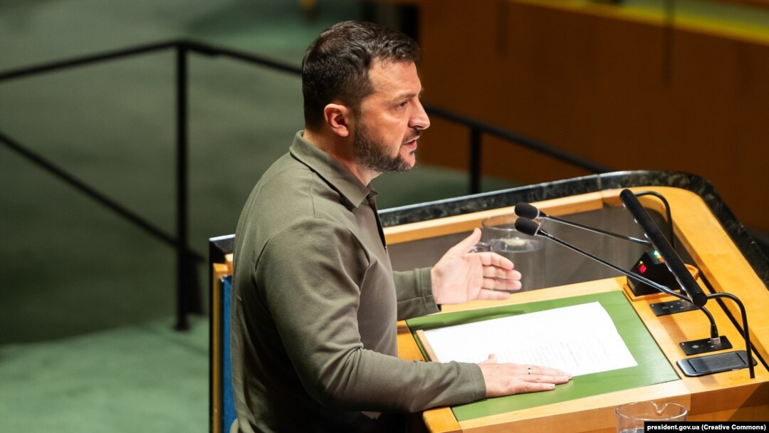 Președintele Ucrainei, Volodimir Zelensk, în timpul discursului ținut la Adunarea Generală a ONU, la New York, SUA, 19 septembrie 2023.