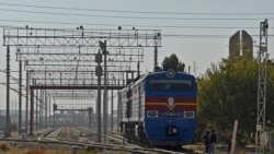 Cargo trains in Hairatan, northern Afghanistan. The town is connected by a bridge with southern Uzbekistan.