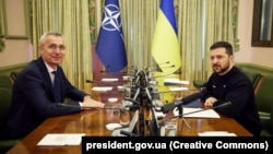 NATO Secretary-General Jens Stoltenberg meets with Ukrainian President Volodymyr Zelenskiy in Kyiv on April 20.