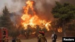  Пожарникари и доброволци се пробват да овладеят горски пожар наоколо до Атина. 22 август 2023 година 