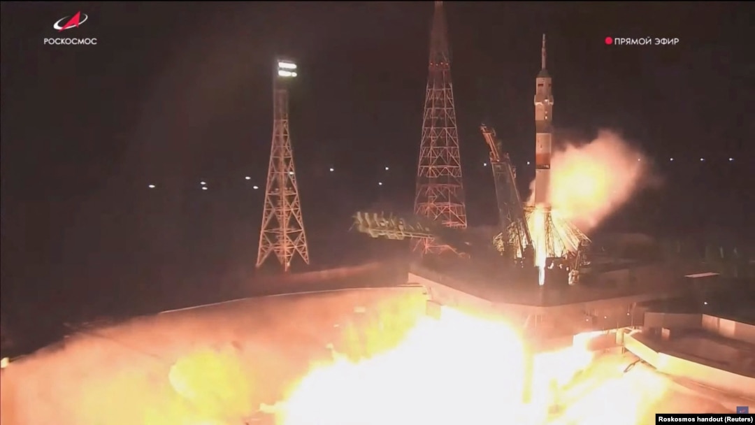 A Soyuz MS-23 spacecraft blasts off from the launchpad at the Baikonur Cosmodrome in Kazakhstan on February 24.