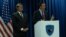 U.S. Senators Gary Peters (left) and Chris Murphy address a press conference in Pristina, Kosovo's capital on May 22.