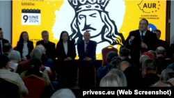 Captură video de la evenimentul de prezentare la Chișinău a candidaților AUR pentru alegerile europarlamentare din 9 iunie 2024.