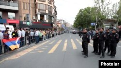 Armenia - A street in downtown Yerevan is cordoned off by police amid continuing anti-government protests, May 15, 2024.