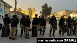 Police personnel are deployed in Dera Ismail Khan, northwest Pakistan, on February 7, a day ahead of the general elections.
