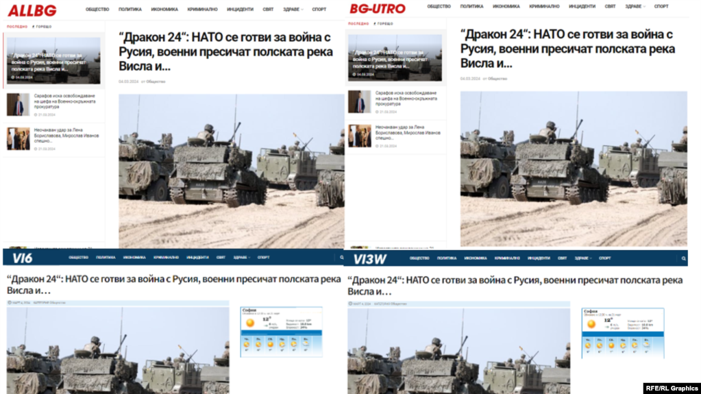 Сравнение скопированных статей, продвигающих версию о том, что НАТО готовится к войне с Россией, проводя учения в Польше. Многие веб-сайты имели одинаковый дизайн.