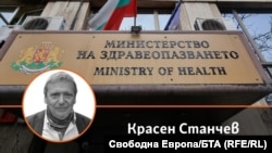 Красен Станчев на фона на сградата на Министерството на здравеопазването в София. Колаж.