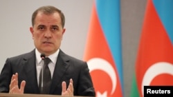 Azerbaijan - Azerbaijan's Foreign Minister Jeyhun Bayramov attends a joint news conference with French Foreign Minister Catherine Colonna in Baku, April 27, 2023. 