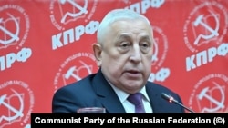 Russian State Duma Member Nikolai Kharitonov speaks at the Communist Party Congress in Moscow on December 23. 