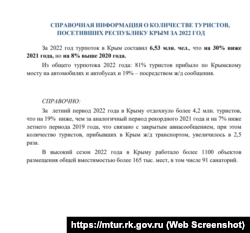 Данные Министерства курортов и туризма российского правительства Крыма о туристическом потоке в 2022 году