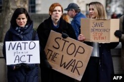 Велика Британія. Демонстранти тримають плакати з написами «НАТО, будь ласка, дій», «Зупиніть війну» та «Врятуйте демократію, зупиніть Путіна» на мітингу перед воротами Даунінг-стріт у центрі Лондона, 25 лютого 2022 року