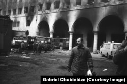 A fireman inside the burned-out Georgian parliament building in January 1992