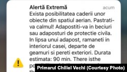 Mesaj Ro-Alert primit în noaptea de 9 spre 10 februarie 2024 de către locuitorii din Chilia Veche, jud. Tulcea