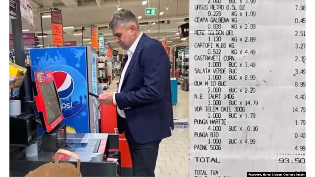 Premierul Marcel Ciolacu este la cumpărături într-un supermarket. A postat bonul pe facebook pentru a arăta cât a putut să cumpere cu 100 de lei.