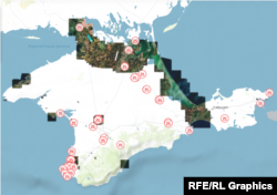 Данные о взрывах, ударах и пожарах в Крыму, нанесенные на карту