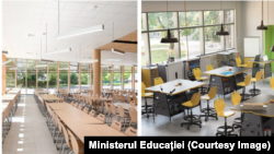 Vizualizare computerizată publicată de ministerul Educației a unei cantine și a unei săli de studii dintr-o „școală model”.