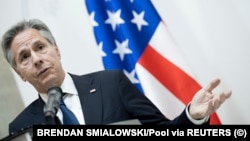 U.S. Secretary of State Antony Blinken speaks to reporters in Kyiv on May 15. 