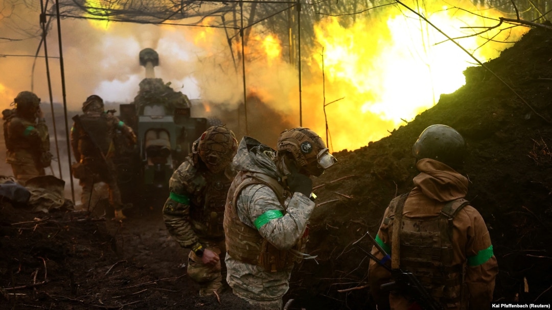 A Ukrainian artillery pounds Russian positions during heavy fighting near the town of Bakhmut in April.