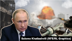 Снаряды из обедненного урана, президент РФ Владимир Путин и стреляющий в здание танк. Иллюстративный коллаж