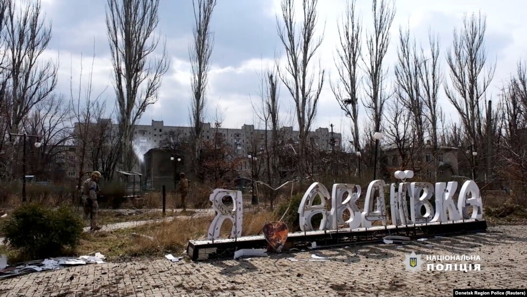 A damaged sign that once said "I Love Avdiyivka" in the devastated Donbas city, photographed on March 28.