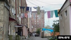 Nagorno-Karabakh - A view of laundry hanging on clotheslines at an abandoned residential area in Stepanakert, 10 October 2023.