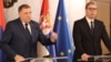Bosnian Serb leader Milorad Dodik (left) and Serbian President Aleksandar Vucic in Belgrade on April 14.