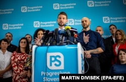 Лідер партії «Прогресивна Словаччина», віцепрезидент Європарламенту Міхал Шимечка. Братислава, 1 жовтня 2023 року