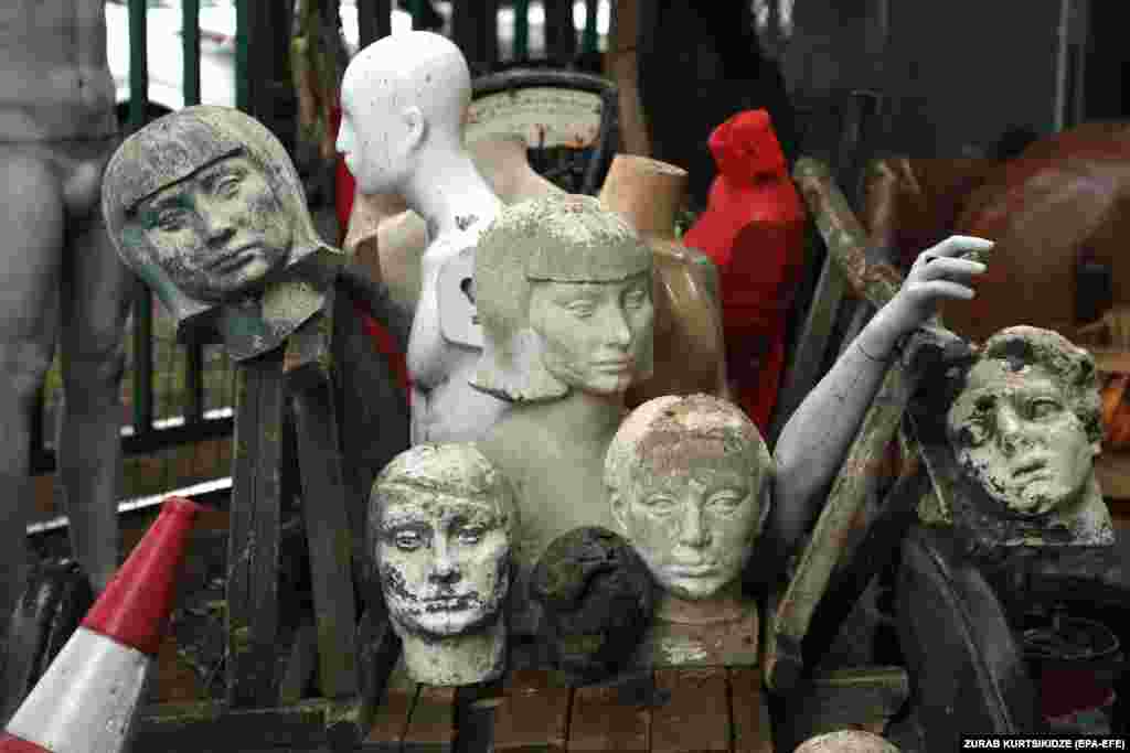 Old mannequins and sculptures are stored on the grounds of the Georgian Film studio in Tbilisi.