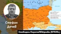 Колаж с автора на фона на карта на границите на България според Санстефанския мирен договор.