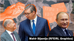 Ilustracija. Predsednik Srbije Aleksandar Vučić u sredini, s leve strane nemački kancelar Olaf Šol, a s desne ruski predsednik Vladimir Putin.