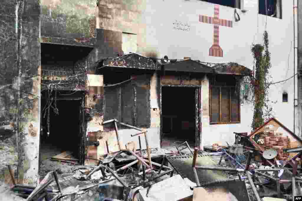 A view of a burnt church on the outskirts of Faisalabad following an attack by Muslim men. Local Christians quickly moved to safer places, and no injuries were reported.