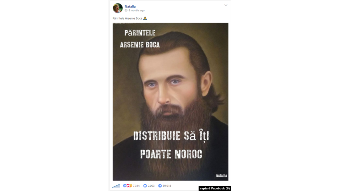 Postarea de pe pagina de Facebook Natalia cu Arsenie Boca a fost redistribuită de 90.000 de ori.