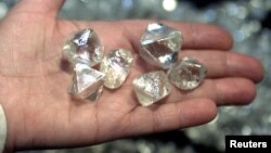 Câteva diamante cu o greutate de peste 50 de carate fiecare, la un punct de sortare din orașul Mirnîi, în vestul Yakuției. Conductele de chimberlit din Yakutia rămân principala sursă de diamante a Rusiei.