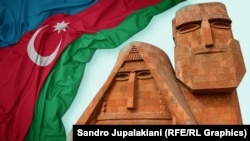 Флаг Азербайджана и монумент «Мы – наши горы» в Карабахе (коллаж)
