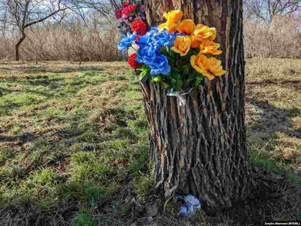 Місцеві жителі та родичі загиблих прив&#39;язують квіти до пошкоджених обстрілами дерев у Бузковому парку на знак пам&#39;яті про бійців