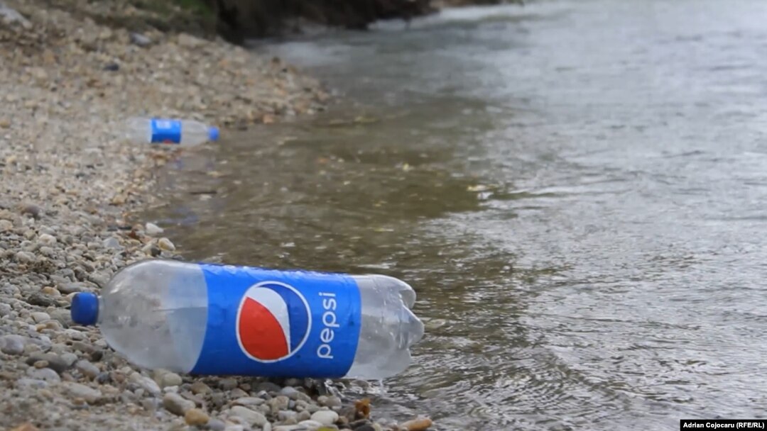 Plastic bottle floating on Danube river